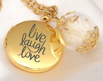 Personalisiertes Geschenk - Gold Foto Medaillon Halskette - Pusteblumen Anhänger - Naturschmuck - Live Laugh Love Monogramm Namenskette