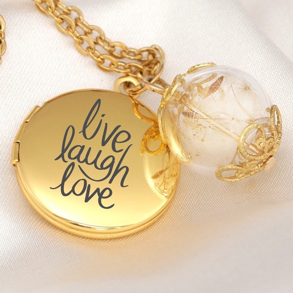 Personalisiertes Geschenk - Gold Foto Medaillon Halskette - Pusteblumen Anhänger - Naturschmuck - Live Laugh Love Monogramm Namenskette