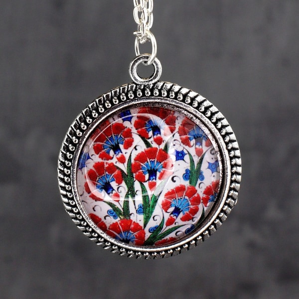 Turkish Tile Iznik Ottoman Motif Glass Pendant - Silver Plated Oriental Midcentury Tulip Floral Proposal Museum Jewelry - Long Necklace