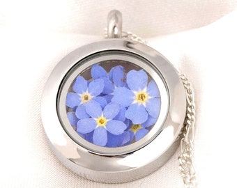 Médaillon Forget Me Not - Véritable fleur de verre moulé en argent sterling 925 Commémoration du Souvenir, Condoléances spirituelles, Idée cadeau symbolique