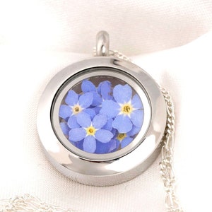 Forget Me Not Locket - Glass Cast Real Flower 925 Sterling Silver Necklace Memorial Remembrance Spiritual Condolence Symbolic Gift Idea