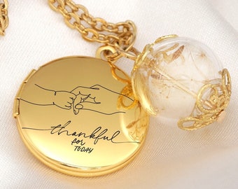 Personalisiertes Geschenk Mutter Baby - Gold Foto Medaillon Halskette - Pusteblumen Anhänger - Naturschmuck Geschenkidee für werdende Mütter