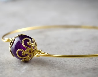 Amethyst Gold Filigree Bangle - Minimalistic Birthstone February Zodiac Sign Aquarius Gemstone Jewelry - Birthday Gift Mother Daughter