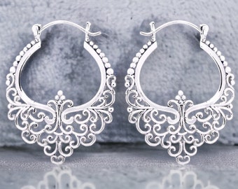 Mandala Floral Earrings 925 Sterling Silver Lace Pattern Minimalist Elegant Drop Earrings Art Nouveau Oriental Tribal Boho Festival Jewelry
