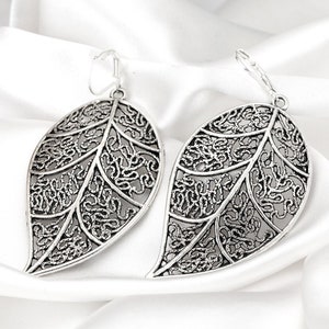 Antique Leaf Earrings Silver - Nature Inspired Botanical Filigree Large Dangle Drop - Gift Idea for Sister