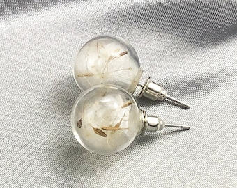 DANDELION EAR STUDS - Glass Ear Stud - Natural Cute Silver Small Ear Stud - Dandelion Jewelry gift for women - Handmade Ear Stud