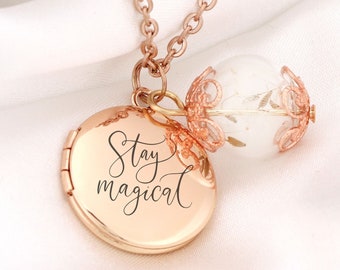 Monogram Necklace Photo Locket - Rose Gold - Personalized Gift - Dandelion Glass Charm - Nature Inspired Custom Engraved Jewelry