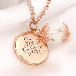 Monogram Necklace Photo Locket - Rose Gold - Personalized Gift - Dandelion Glass Charm - Nature Inspired Custom Engraved Jewelry