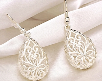 1001 Night Oriental Earrings - Ethnic Traditional Folklore Floral Pattern Gift - Silver Elegant Drop Dangle Statement Jewelry