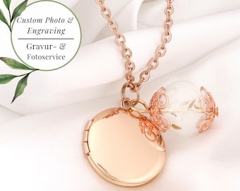 Collier médaillon en or rose AVEC votre photo - breloque en verre pissenlit personnalisée - bijoux personnalisés délicats - idée cadeau pour couple commémoratif