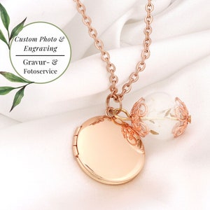 Rose Gold Locket Necklace WITH Your Photo Personalized Dandelion Glass Charm Delicate Custom Jewelry Memorial Couple Gift Idea image 1