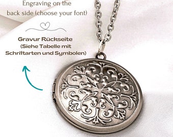 Custom Engraved Photo Locket Necklace - Orient Style Antiqued Silver Jewelry - Family Remembrance Romantic Personalized Gift Idea