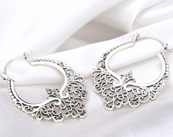 Boucles d'oreilles florales mandala en argent sterling 925 avec motif de dentelle Boucles d'oreilles pendantes élégantes et minimalistes Art nouveau Bijoux tribaux orientaux Boho Festival