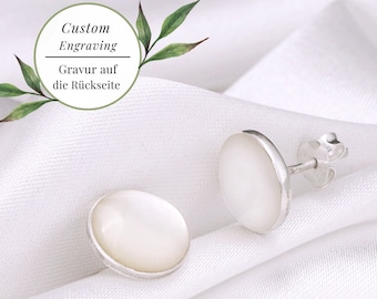 Perlmutt Ohrstecker - Personalisiert Mit Gravur - Minimalistisch 925 Sterling Silber Schmuck - Individualisierbar - Hochzeit Brautschmuck