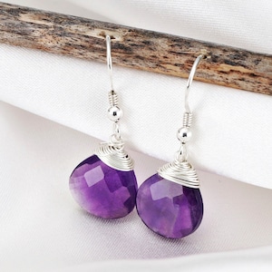 Amethyst Dangle Earrings - 925 Sterling Silver - Purple Gemstone Spiritual Jewelry - Birthstone February Zodiac Sign Pisces