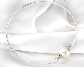 Classic Pearl Bangle - Silver Dainty Elegant Minimalistic Casual Wedding Jewelry - Bride Bridesmaid Gift for her