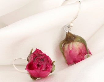 Echte Rosen Ohrringe - 925 Sterling Silber - Naturschmuck Rosenknospen Ohrhänger - Botanik Shabby Chic Schmuck