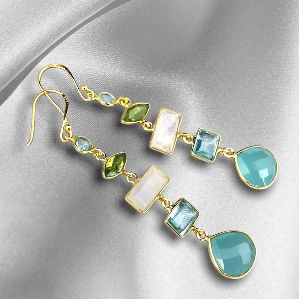 Boucles d’oreilles pierres précieuses Or - 925 Sterling - Multigemstone Aquamarine Moonstone Peridot Chalcedony Jewelry - Cadeau pour elle