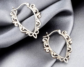 Boucles d'oreilles florales anciennes - Goutte d'eau en argent sterling massif 925 - Bijoux spirituels Boho Tribal Aura