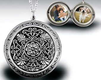 Collar de medallón con foto de grabado personalizado - Medallón Art Déco - Collar de imagen de recuerdo familiar personalizado - Regalo para seres queridos - Caja de regalo