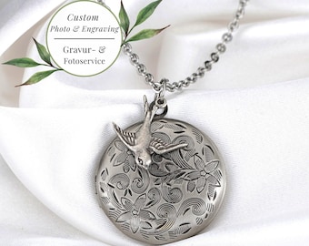 Collana in argento antico con medaglione fotografico personalizzato - Incisione - Gioielli personalizzati ispirati alla natura romantica Nostalgia