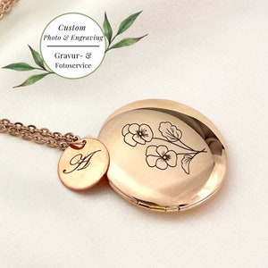 Custom Engraved Locket Monogram Necklace  - Birth flower Ad On Charm - Rose Gold Jewelry - Add Photo - Besties Birthday Gift Idea