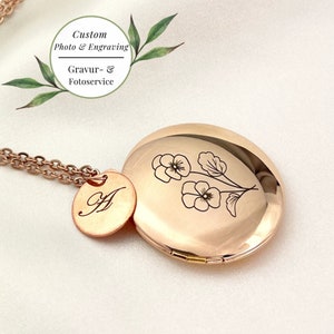 Personalisierte Monogramm Kette Geburtsblume Foto Medaillon Namenskette Fotoservice & Gravur Rosegold Natur Inspiriert Schmuck Bild 1