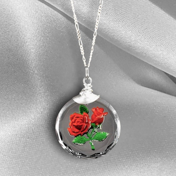 Gefrostete Rose Glas Anhänger Kette - 925 Sterling Silber 3D Symbolischer Liebesgeschenk Rote Rosen Schmuck - Liebespaar Verlobungsgeschenk