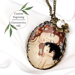 Custom Engraving Jewelry - Motherlove - Mother And Child by Klimt Art Necklace - Vintage Style - 70cm - Gift Idea for Mother