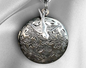 Collar de plata antigua con medallón de foto personalizado, grabado, joyería personalizada inspirada en la naturaleza romántica y nostálgica