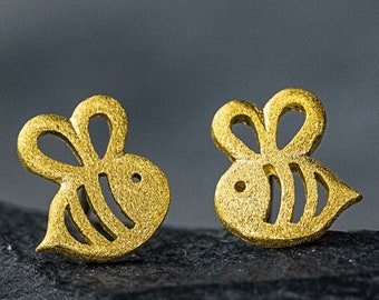 Busy Bee Tiny Ear Studs - 925 Sterling Gold Plated - Cute Animal Honeybee Dainty Earrings - Anniversary Natural Jewelry