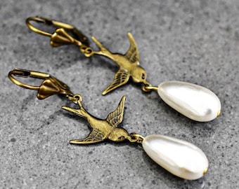 Swallow Lovers Vintage Japanese Pearl Drops - Bronze Plated Vintage Inspired Long Bird Earrings Elegant Proposal Feminine Festival Jewelry