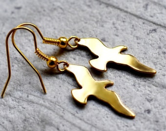 Gold Plated Bird Earrings, Minimalist Seagull Silhouette