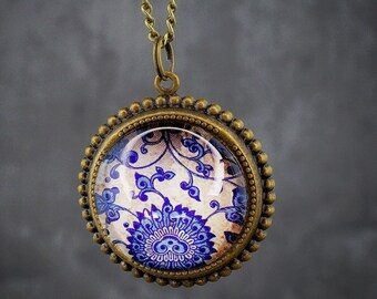 Oriental Ottoman Blue Motif Glass Pendant - Bronze Plated Vintage Inspired Museum Hystorical Ornament Necklace - Blue Flowers Jewelry