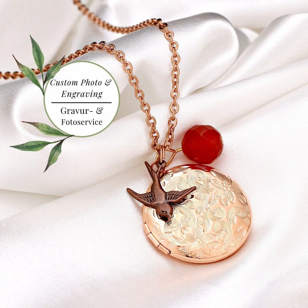 Custom Engraved Photo Locket Monogram Necklace - Rose Gold Swallow ...