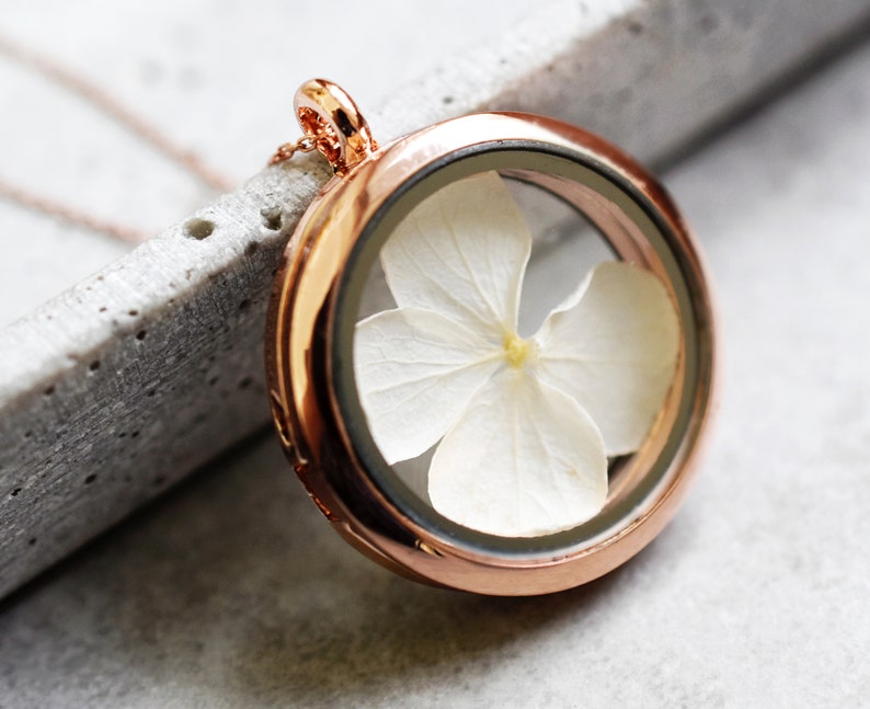 Hydrangea Dried Leaf Glass Locket Pendant Rose Gold Plated Real White Flower Botanical Plant Terrarium Floral Wedding Bridal Jewelry image 1