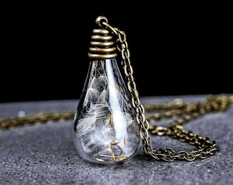 Dandelion Seeds in Light Bulb Shape Rustic Vintage Inspired Bronze Necklace Real Flowers Botanical Natural Minimalist Jewelry