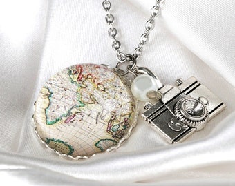 Collar Wanderlust personalizado - Cámara de mapa de la Tierra vintage - Joyería minimalista viajero explorador Globetrotter - Regalo de mapa mundial de Travel Buddy
