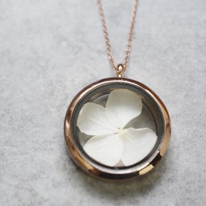 Hydrangea Dried Leaf Glass Locket Pendant Rose Gold Plated Real White Flower Botanical Plant Terrarium Floral Wedding Bridal Jewelry image 4