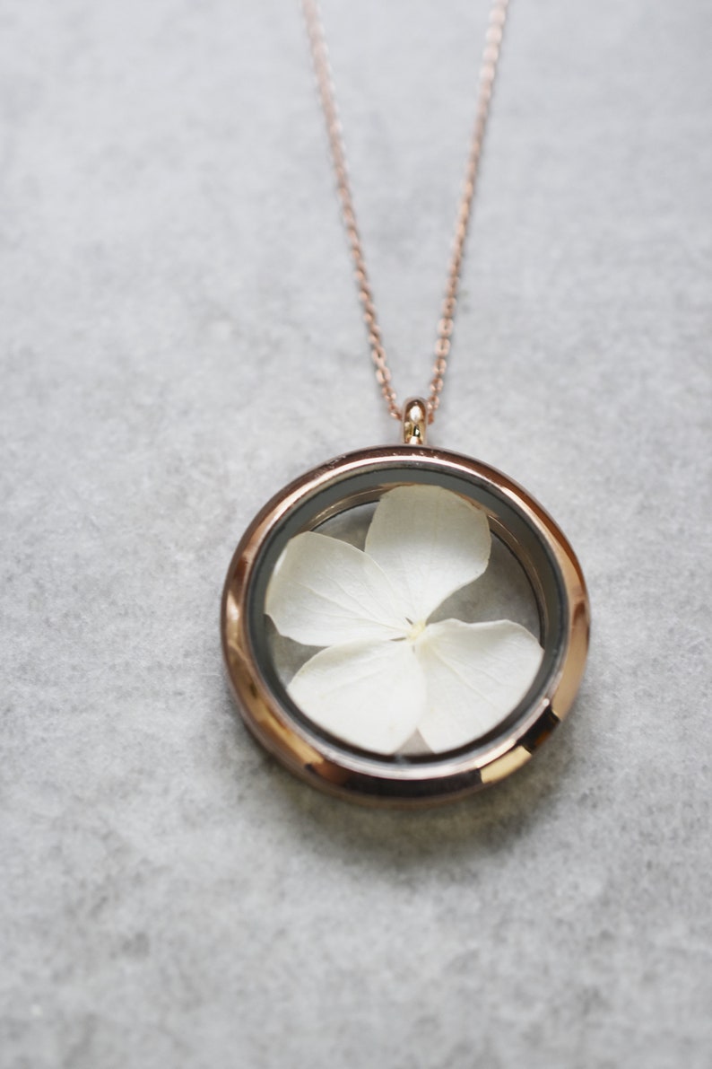 Hydrangea Dried Leaf Glass Locket Pendant Rose Gold Plated Real White Flower Botanical Plant Terrarium Floral Wedding Bridal Jewelry image 4