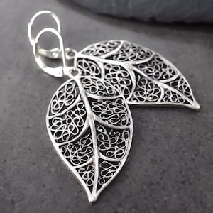 Antique Leaf Earrings Silver - Nature Inspired Botanical Filigree Large Dangle Drop - Gift Idea for Sister