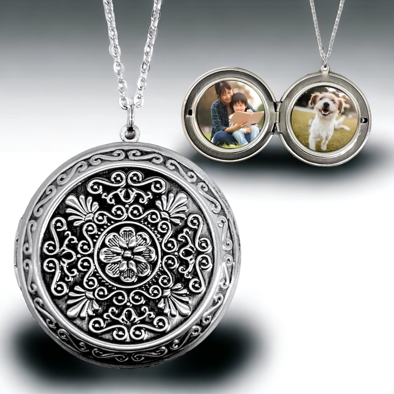 Custom Engraving Photo Locket Necklace Art Deco Medaillon Personalized Family Remembrance Image Necklace Gift For Dear Ones Gift Box image 1