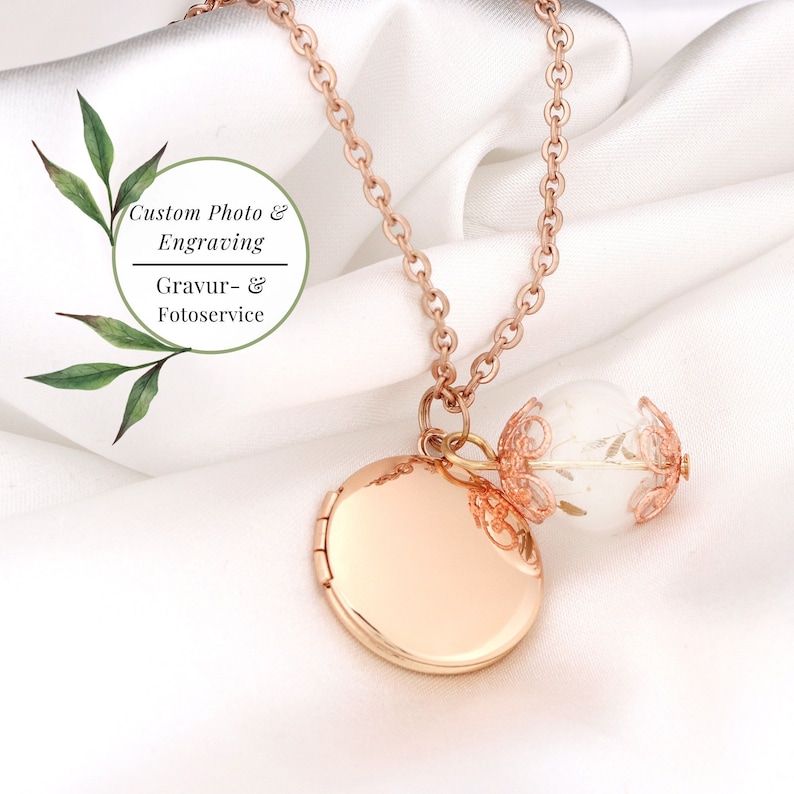 Rose Gold Locket Necklace WITH Your Photo Personalized Dandelion Glass Charm Delicate Custom Jewelry Memorial Couple Gift Idea image 1