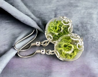 Boucles d'oreilles en mousse des îles - Argent sterling 925 - Pendentifs de terrarium botaniques naturels - Bijoux de mariée de mariage bohème pour elle