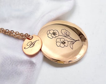 Custom Engraved Locket Monogram Necklace  - Birth flower Ad On Charm - Rose Gold Jewelry - Add Photo - Besties Birthday Gift Idea