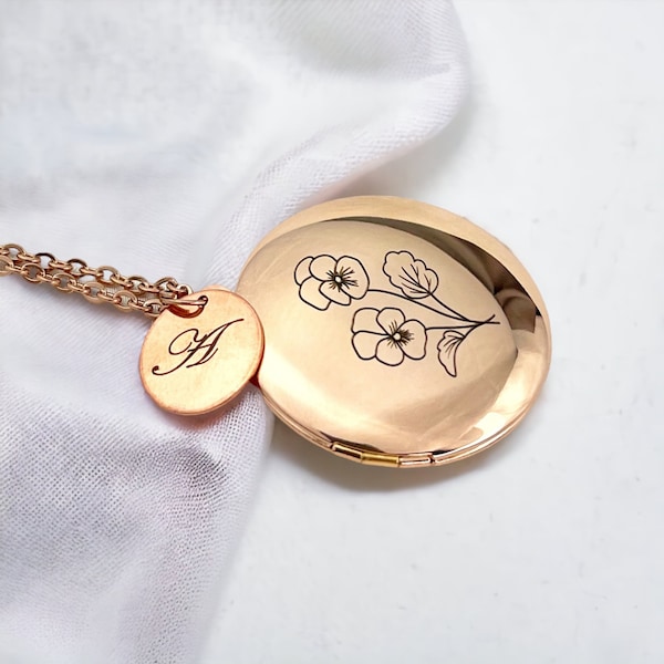 Individuell gravierte Medaillon-Monogramm-Halskette - Geburtsblume Ad On Charm - Rose Gold Schmuck - Foto hinzufügen - Besties Geburtstags-Geschenk-Idee