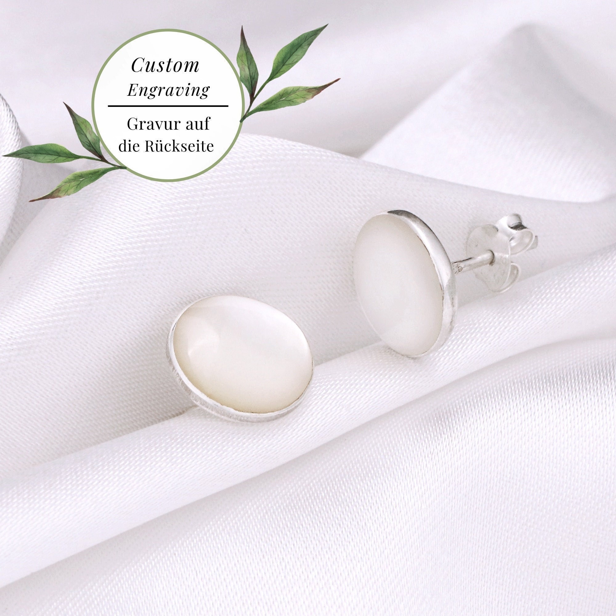 Mother of Pearl Disc Studs - Custom Engraving - 925 Sterling Silver Shell Tiny Earrings - Minimalistic Wedding Bridal Maritime Jewelry