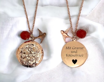 Custom Engraved Photo Locket Monogram Necklace - Rose Gold Swallow Agate Gemstone Jewelry - Good Luck Long Distance Gift