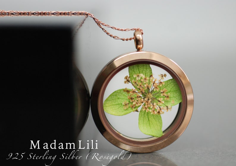 Green Hydrangea Dill Flower Glass Locket Pendant 925 Sterling Rose Gold Botanical Garden Wedding Holiday Floral Elegant Luxury Necklace image 3