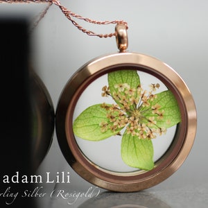 Green Hydrangea Dill Flower Glass Locket Pendant 925 Sterling Rose Gold Botanical Garden Wedding Holiday Floral Elegant Luxury Necklace image 1